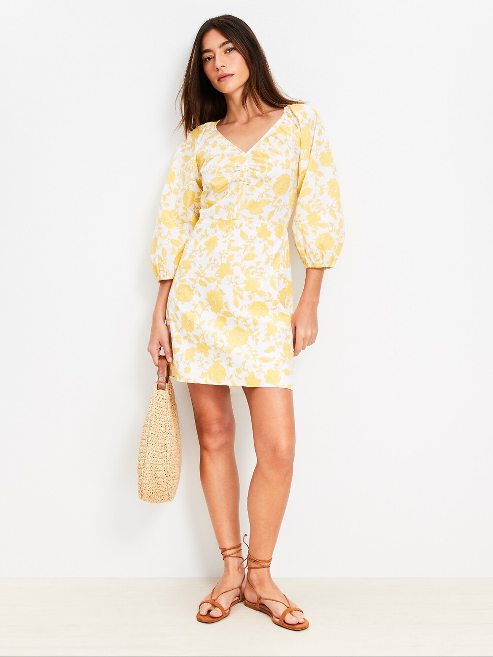 LOFT Yellow Floral Cottagecore Puff Sleeve Mini Dress Prairie 4 100% Cotton